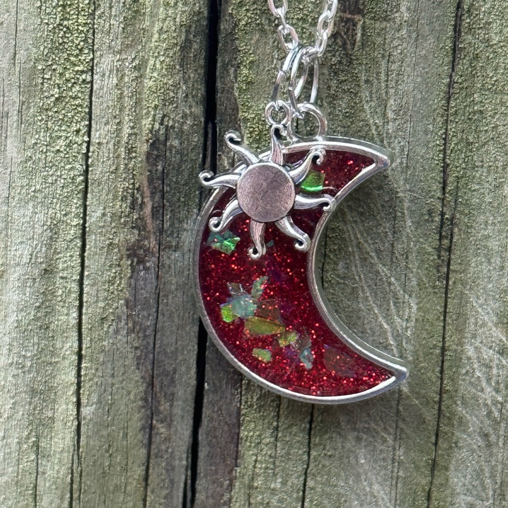 Glittery Red Crescent Moon Pendant Necklace